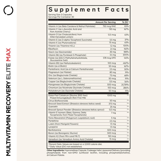 Codeage Multivitamin Recovery Elite Max bottle side view with dosing for active lifestyles.