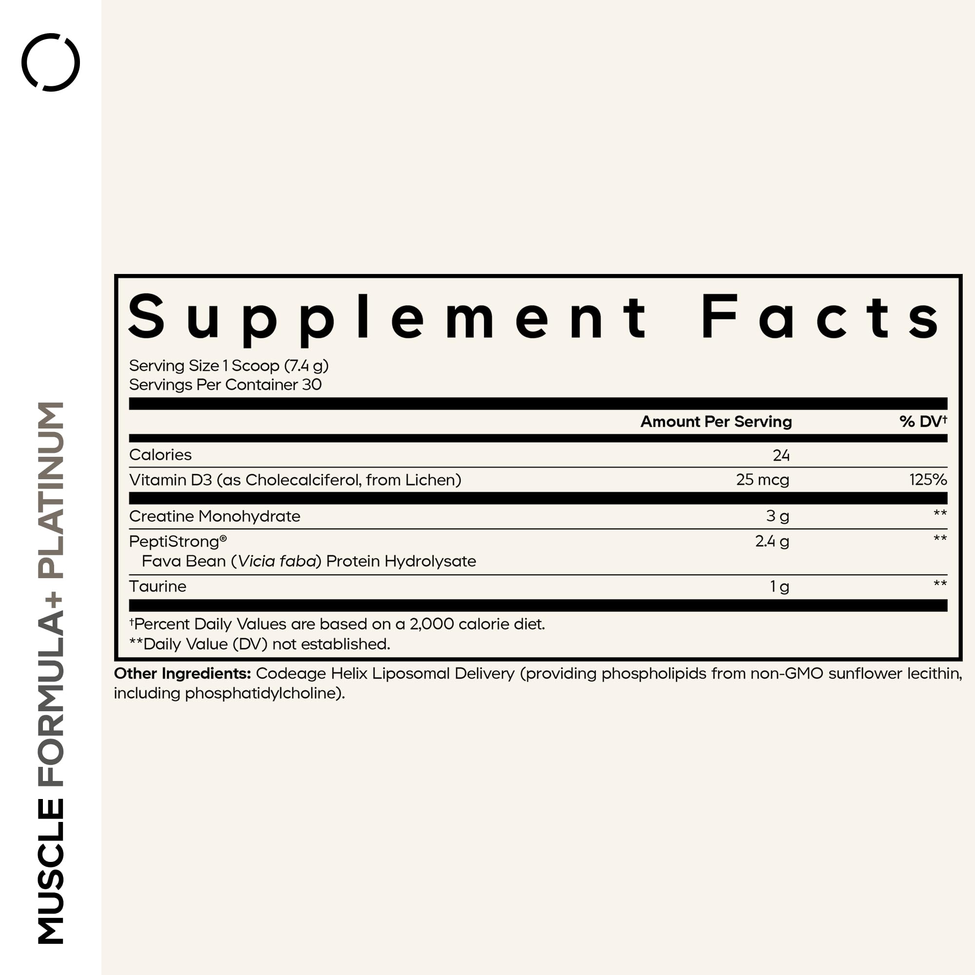 Codeage Muscle Formula+ Platinum label highlights 3,000 mg creatine monohydrate per serving