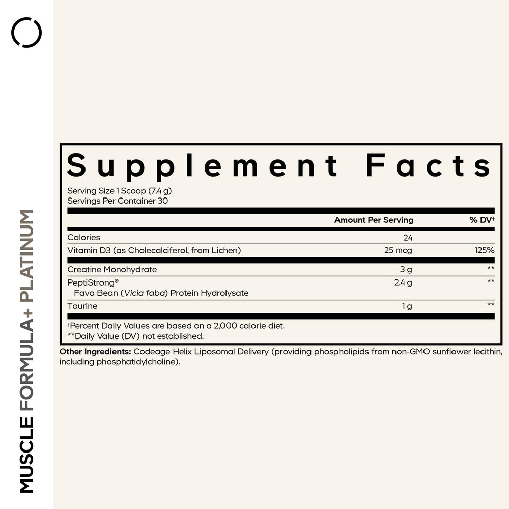 Codeage Muscle Formula+ Platinum label highlights 3,000 mg creatine monohydrate per serving