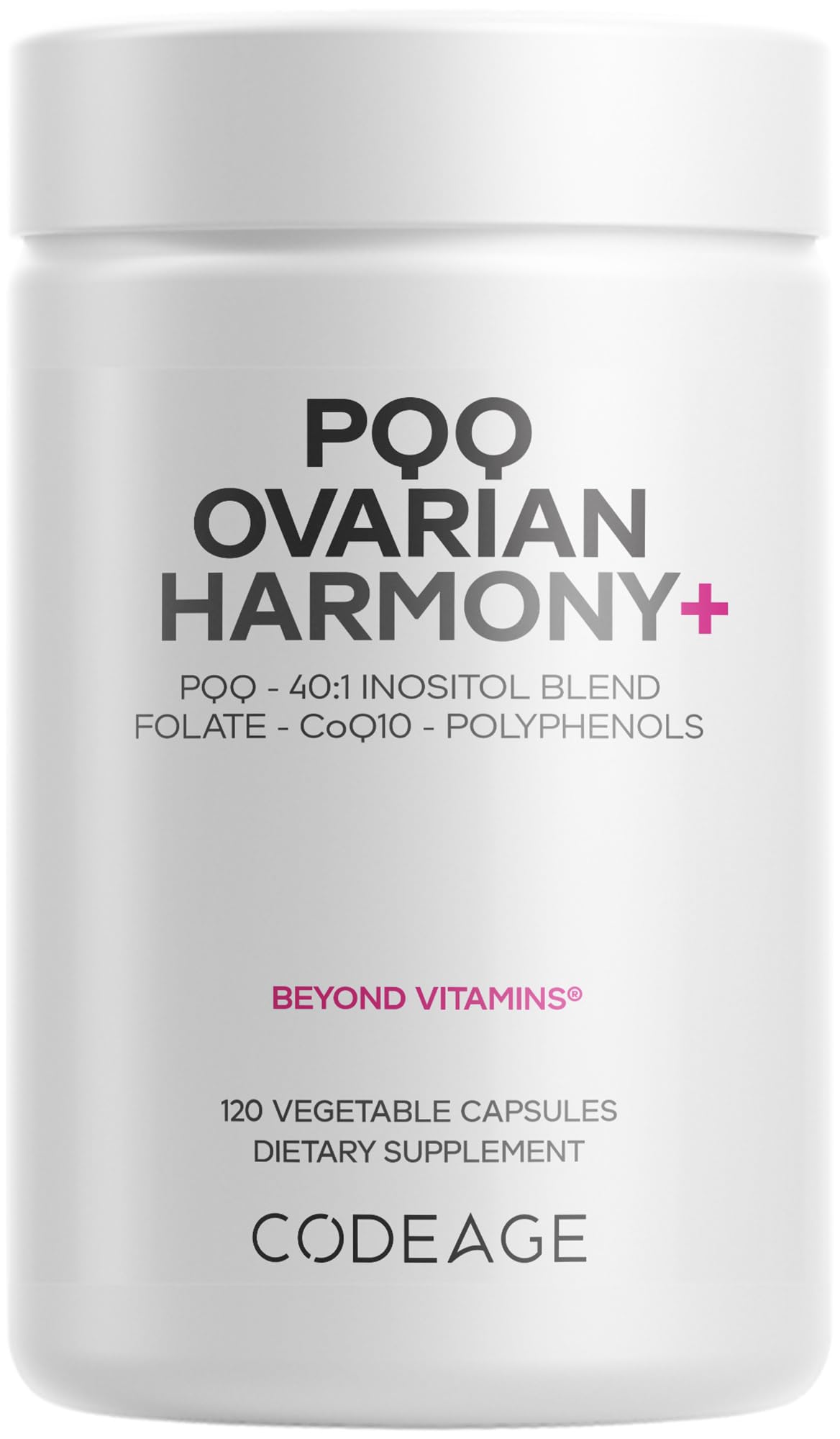 Codeage PQQ Ovarian Harmony bottle for convenient daily use and wellness