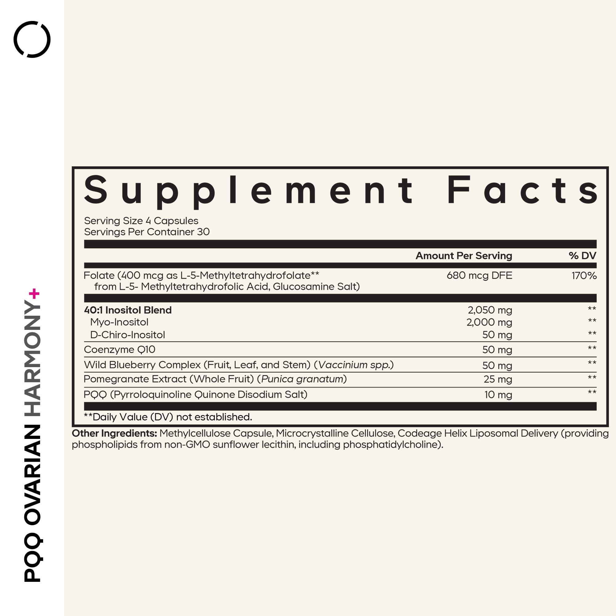 Codeage PQQ Ovarian Harmony capsules closeup easy to swallow daily capsules