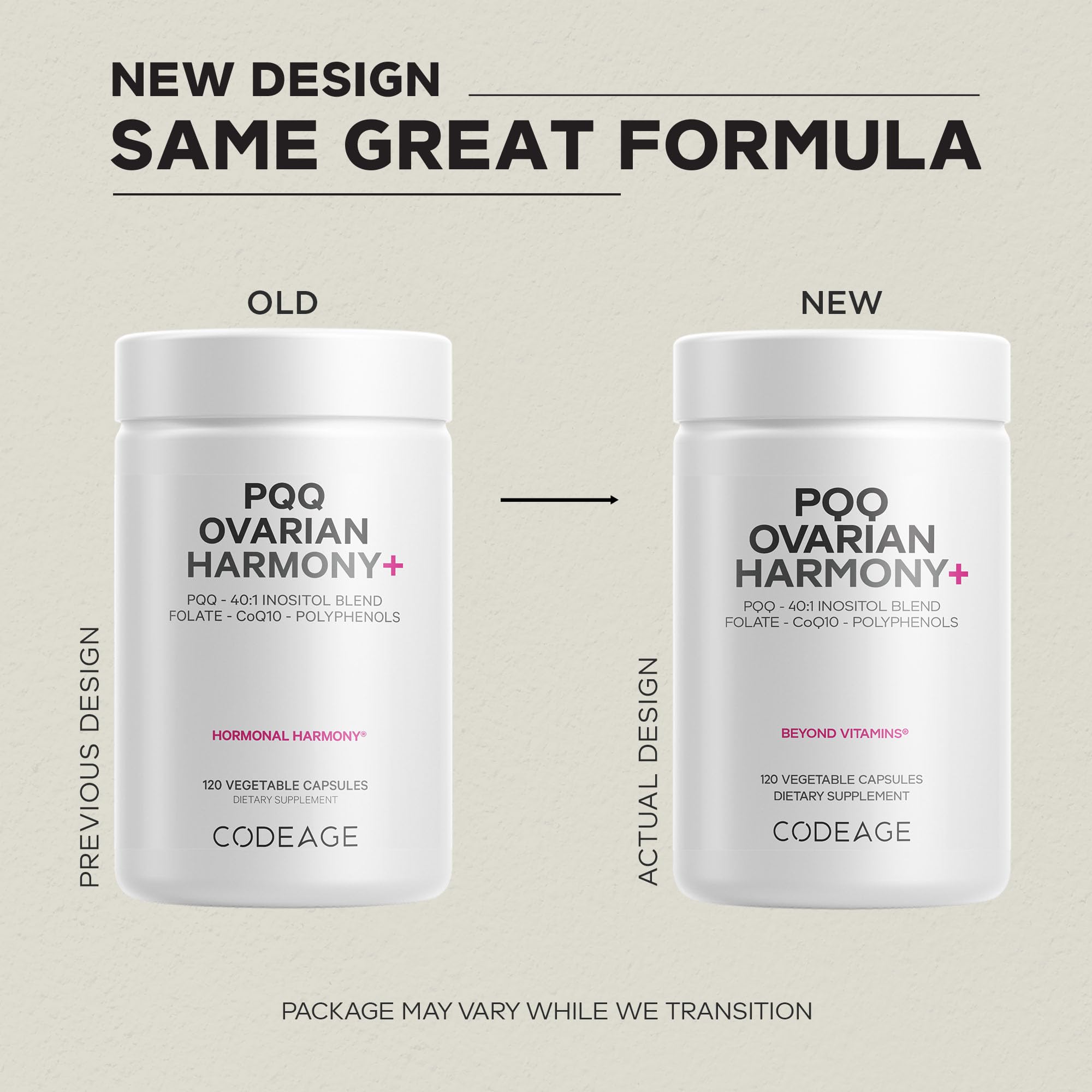 Codeage PQQ Ovarian Harmony label front with ingredients and benefits