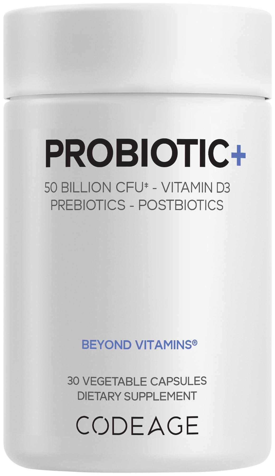 Codeage Probiotic+ bottle with capsules for daily gut support.