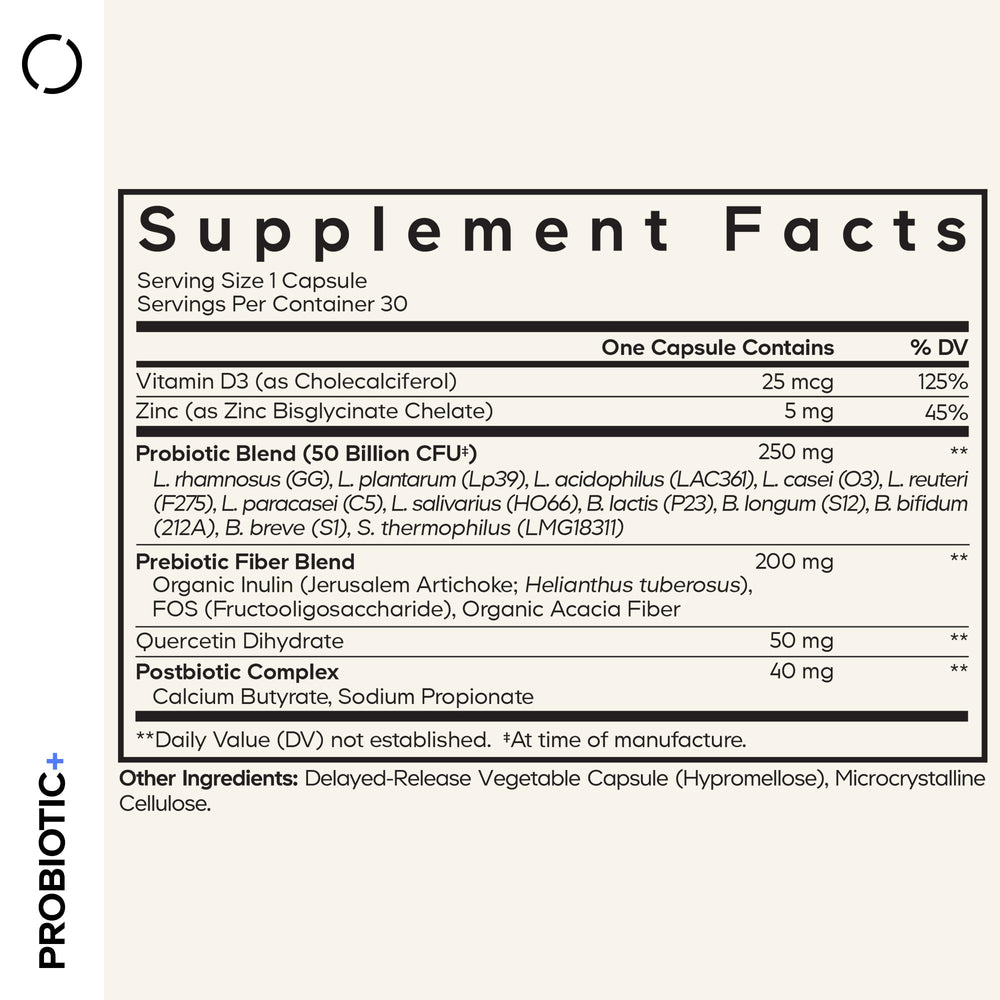 Codeage Probiotic+ label highlights 50 Billion CFU and 12 strains.
