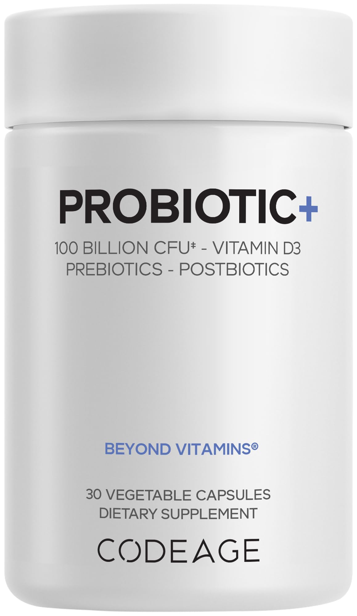 Codeage Probiotic+ bottle front shows 100B CFU for daily gut balance.