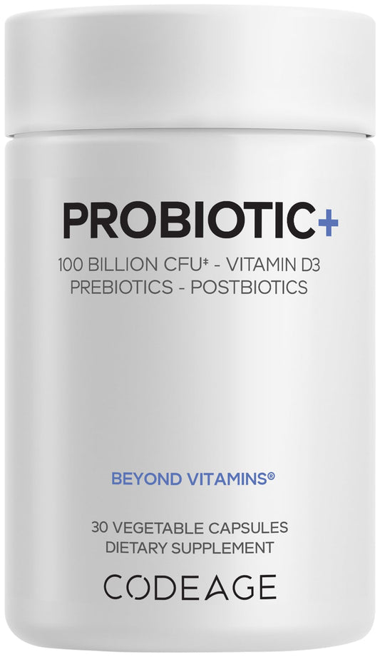 Codeage Probiotic+ bottle front shows 100B CFU for daily gut balance.