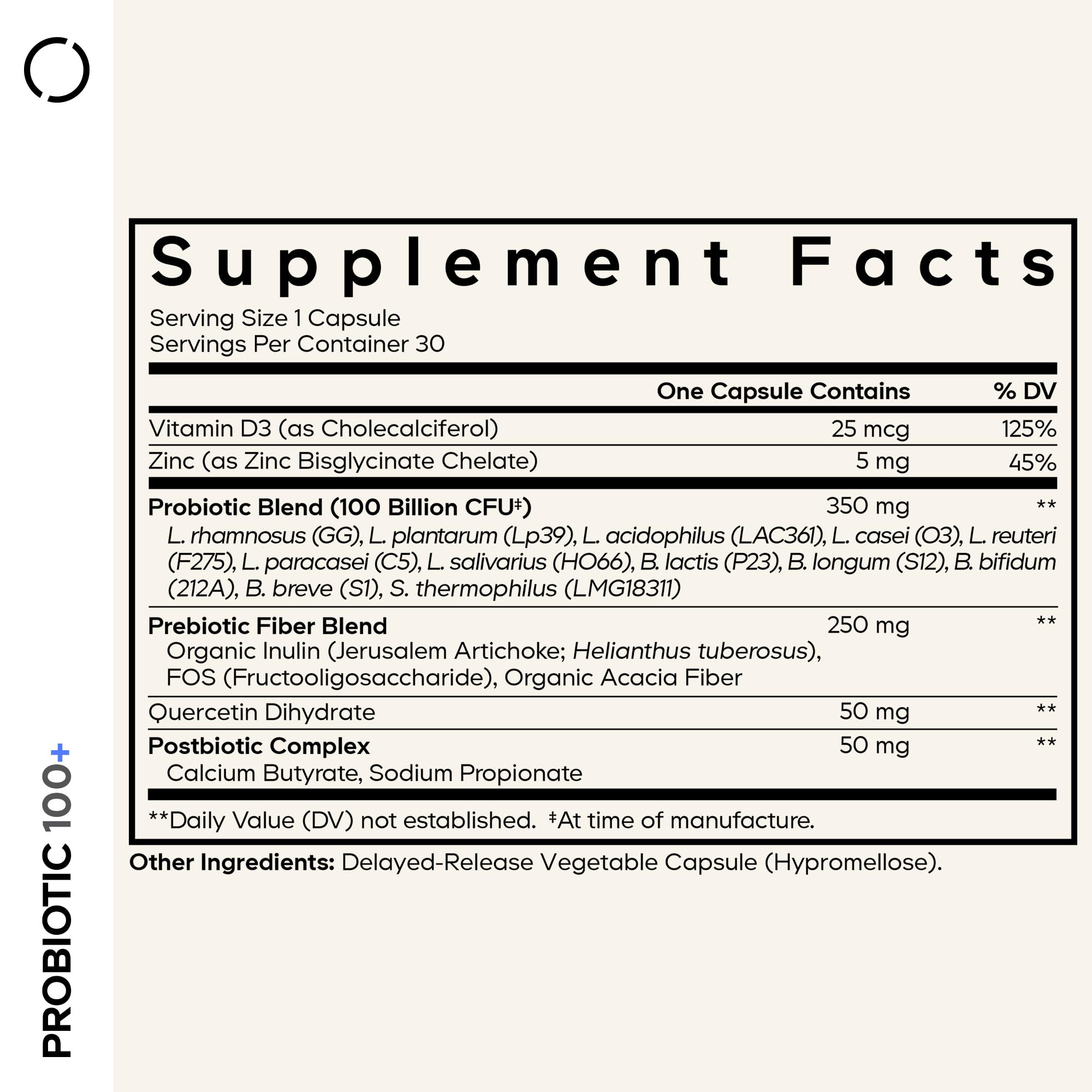 Codeage Probiotic+ bottle side label highlights 12 strains for broad support.