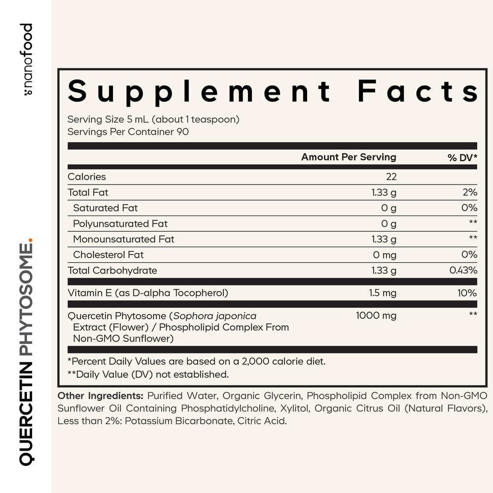 Codeage Quercetin Phytosome liquid drops with teaspoon illustrates simple daily dosing.
