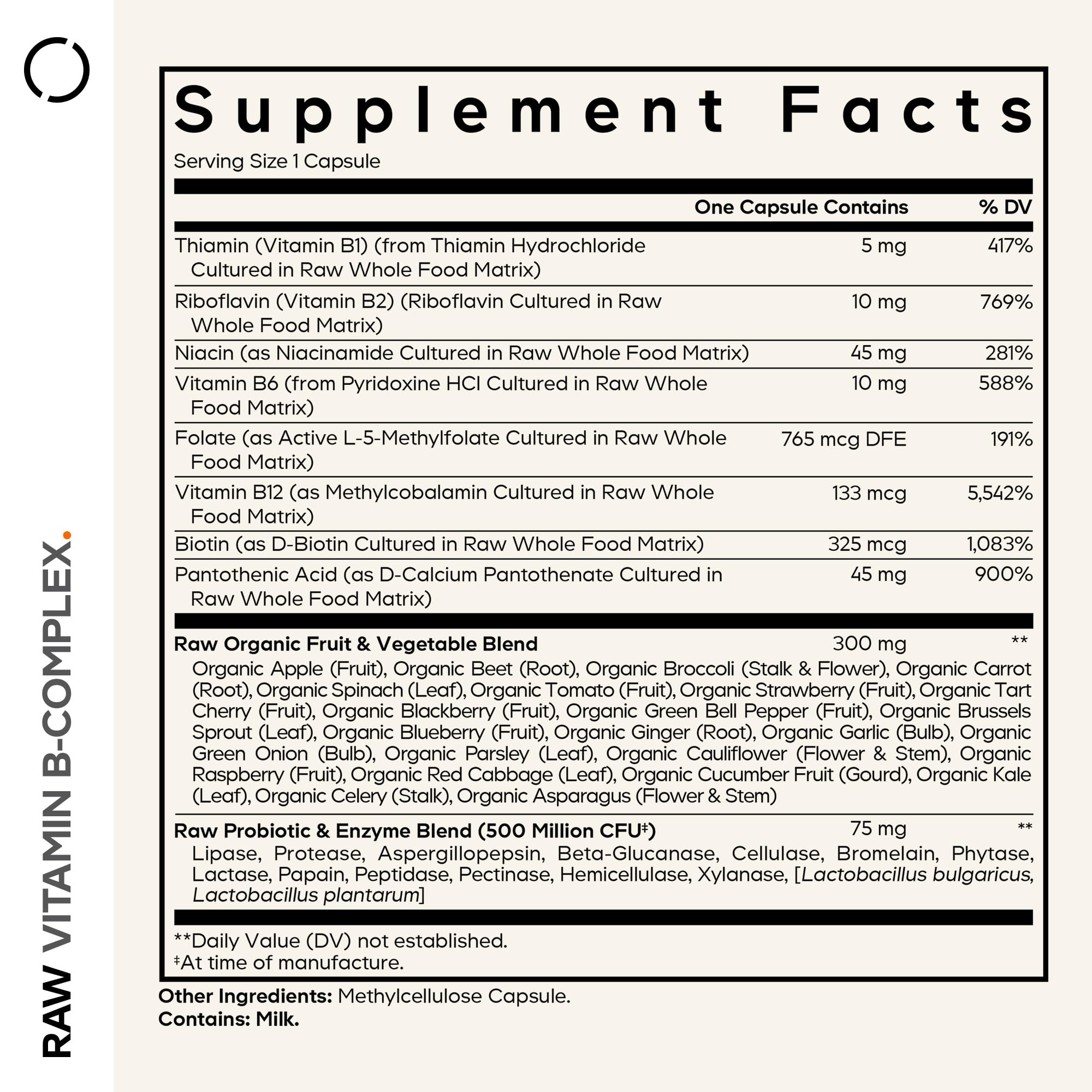 Codeage Raw Vitamin B-Complex label highlighting essential vitamins for daily nutrition