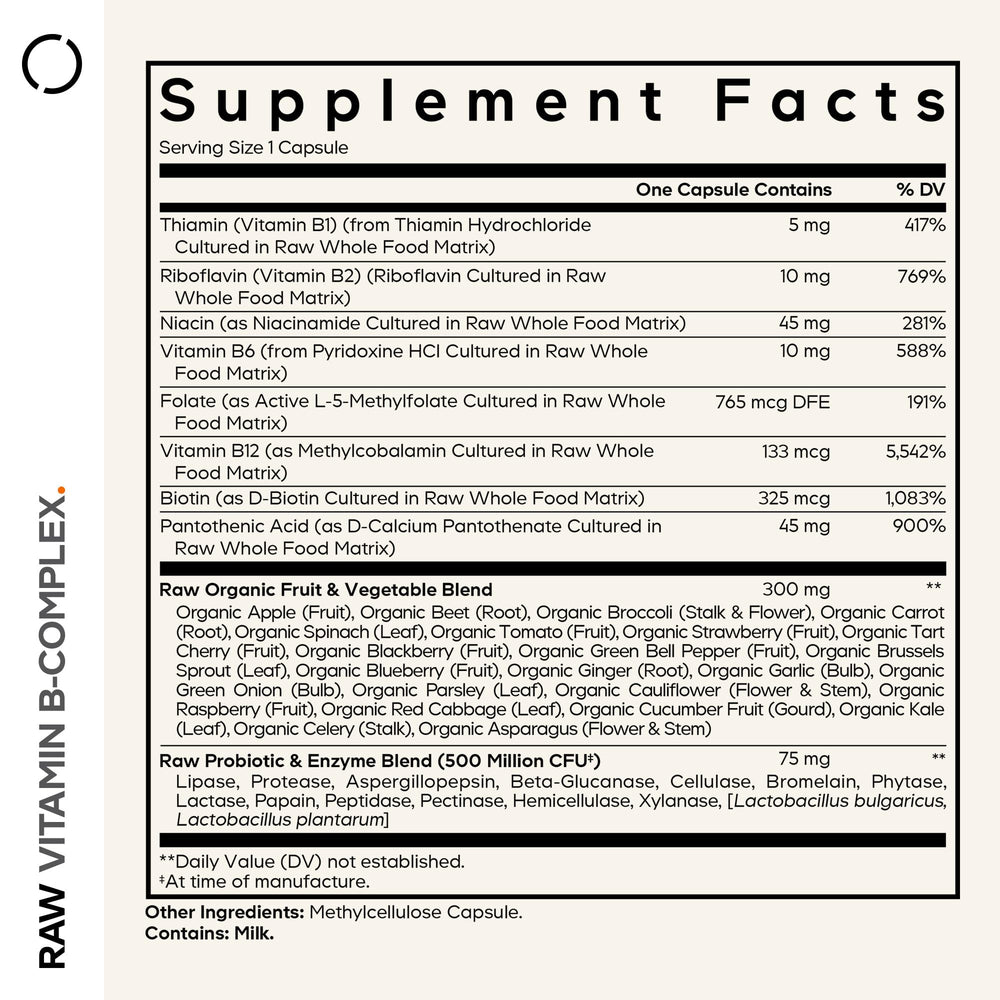 Codeage Raw Vitamin B-Complex label highlighting essential vitamins for daily nutrition