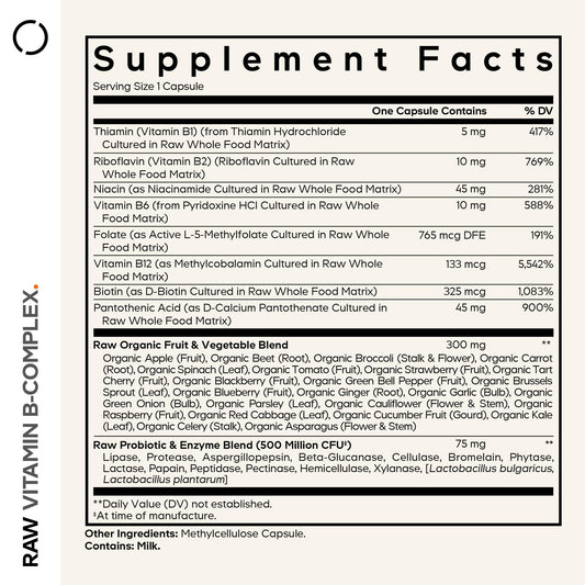 Codeage Raw Vitamin B-Complex label highlighting essential vitamins for daily nutrition