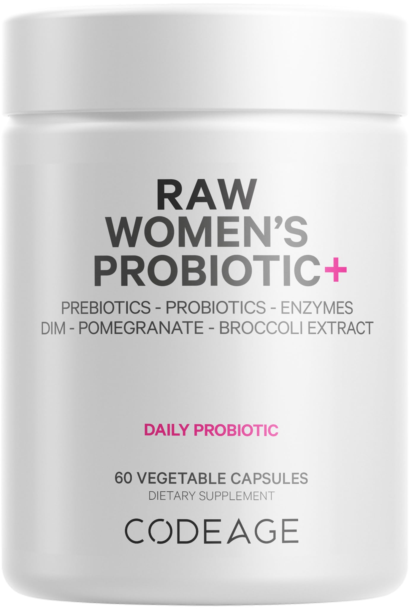 Codeage Raw Women's Probiotic+ bottle showing 34 strains for daily balance