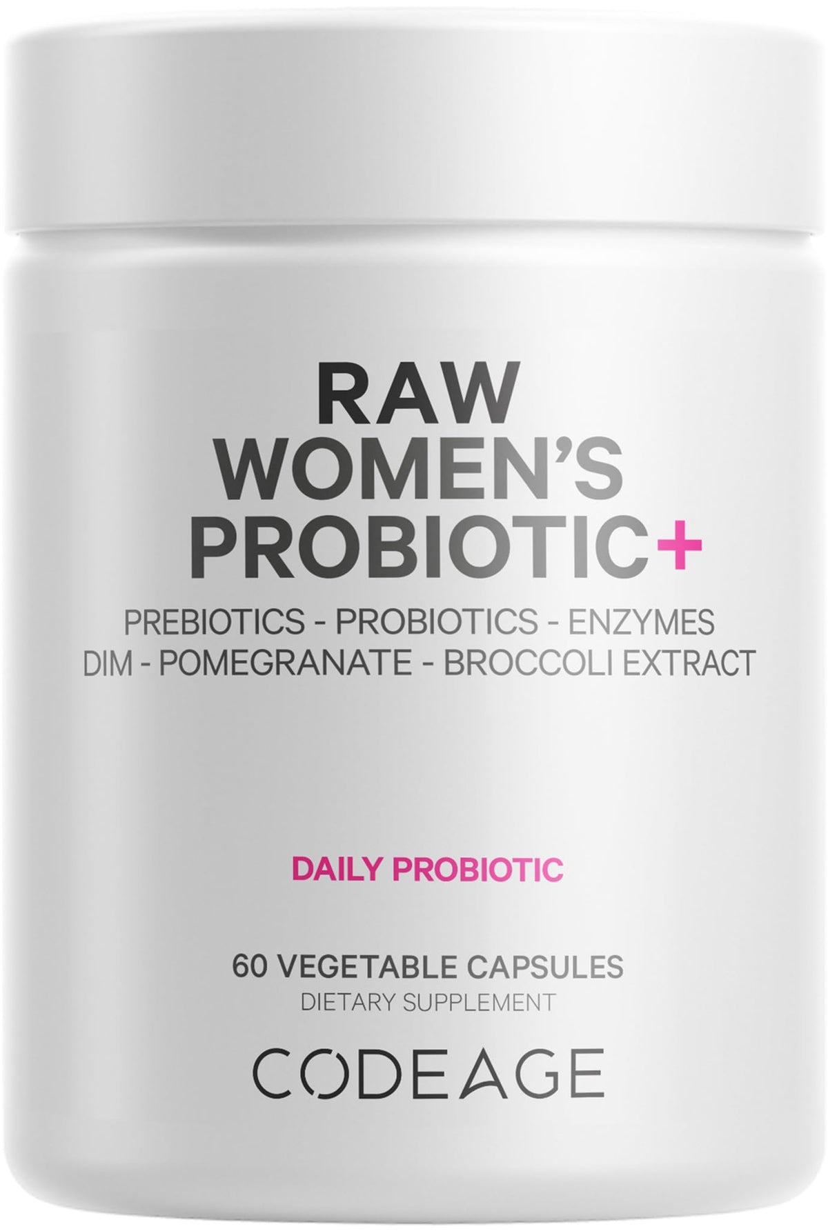 Codeage Raw Women's Probiotic+ bottle showing 34 strains for daily balance