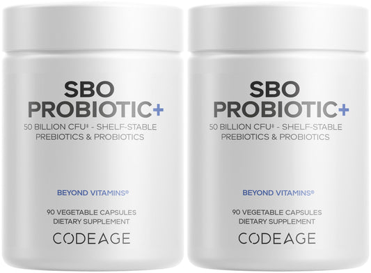 Codeage SBO Probiotic bottle highlighting 50B CFUs for daily probiotic convenience.