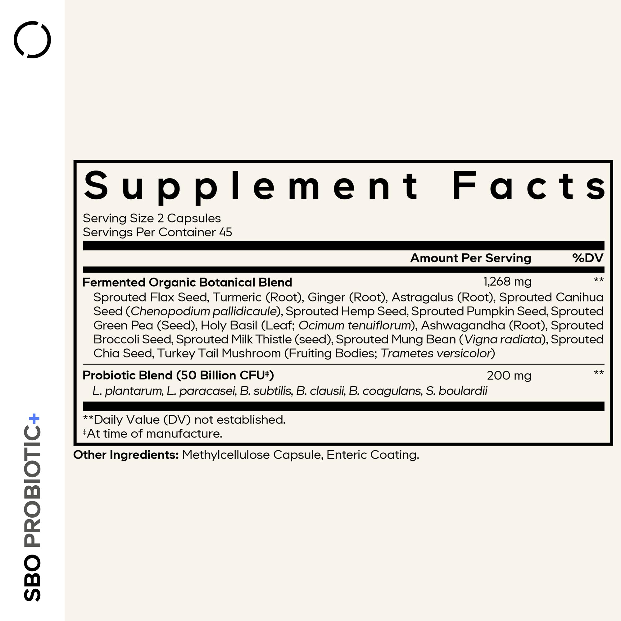 Codeage SBO Probiotic label shows multi-strain blend and 50B CFUs