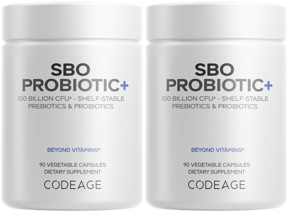 Codeage SBO Probiotics bottle front shows 100 billion CFUs per serving for daily support.