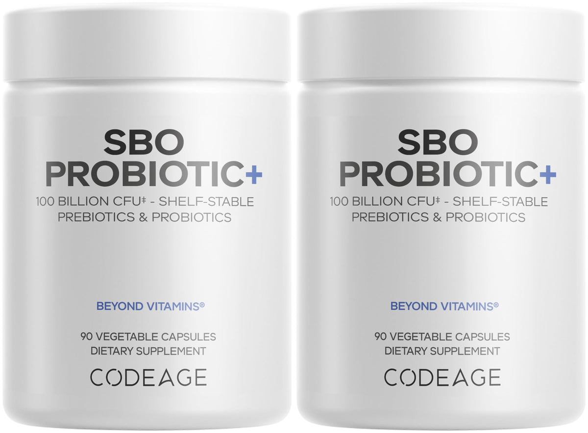 Codeage SBO Probiotics bottle front shows 100 billion CFUs per serving for daily support.