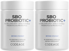 Codeage SBO Probiotics bottle front shows 100 billion CFUs per serving for daily support.