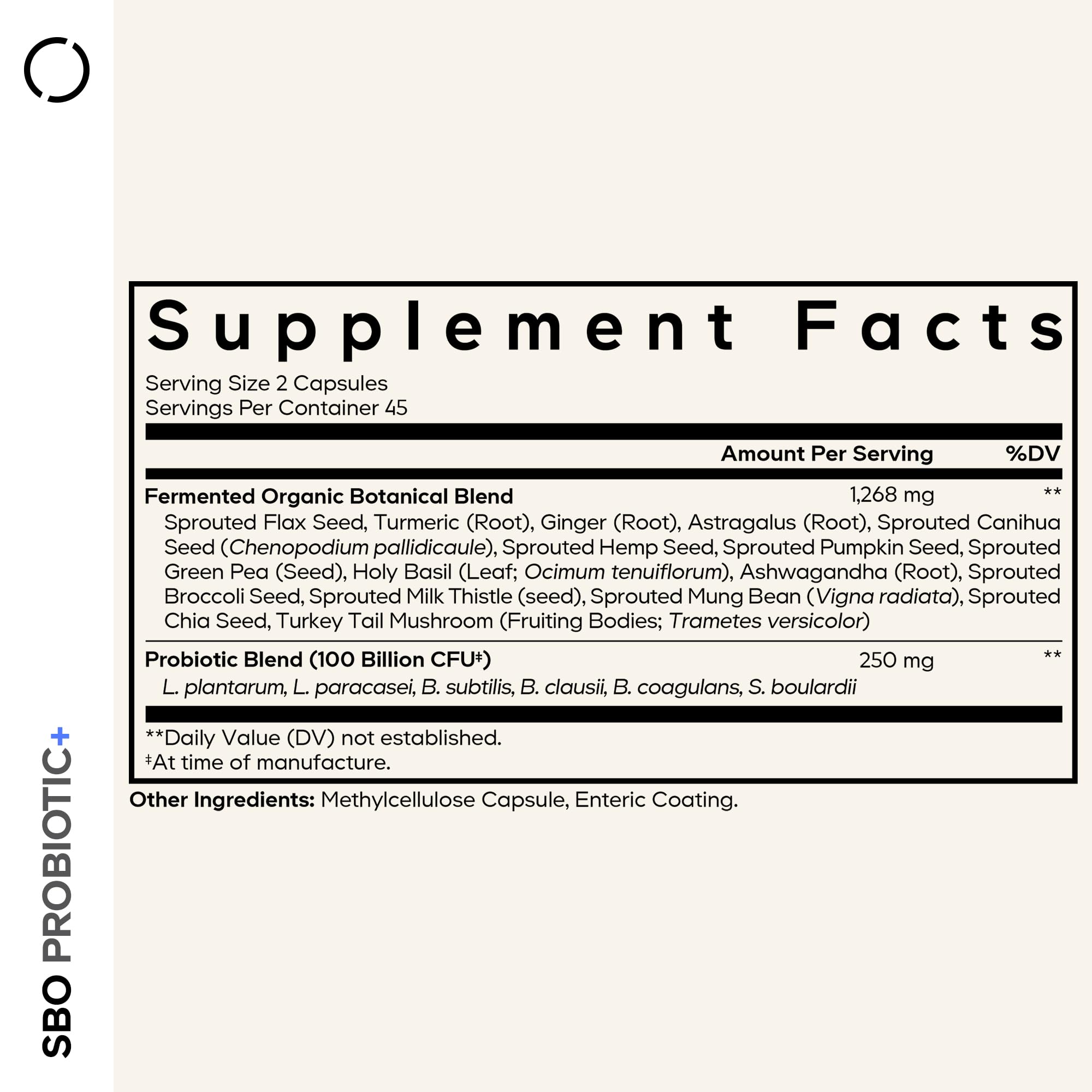 Codeage SBO Probiotics capsule close-up highlighting vegan, dairy-free formulation for daily use.