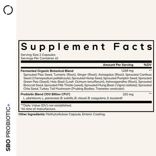 Codeage SBO Probiotics capsule close-up highlighting vegan, dairy-free formulation for daily use.
