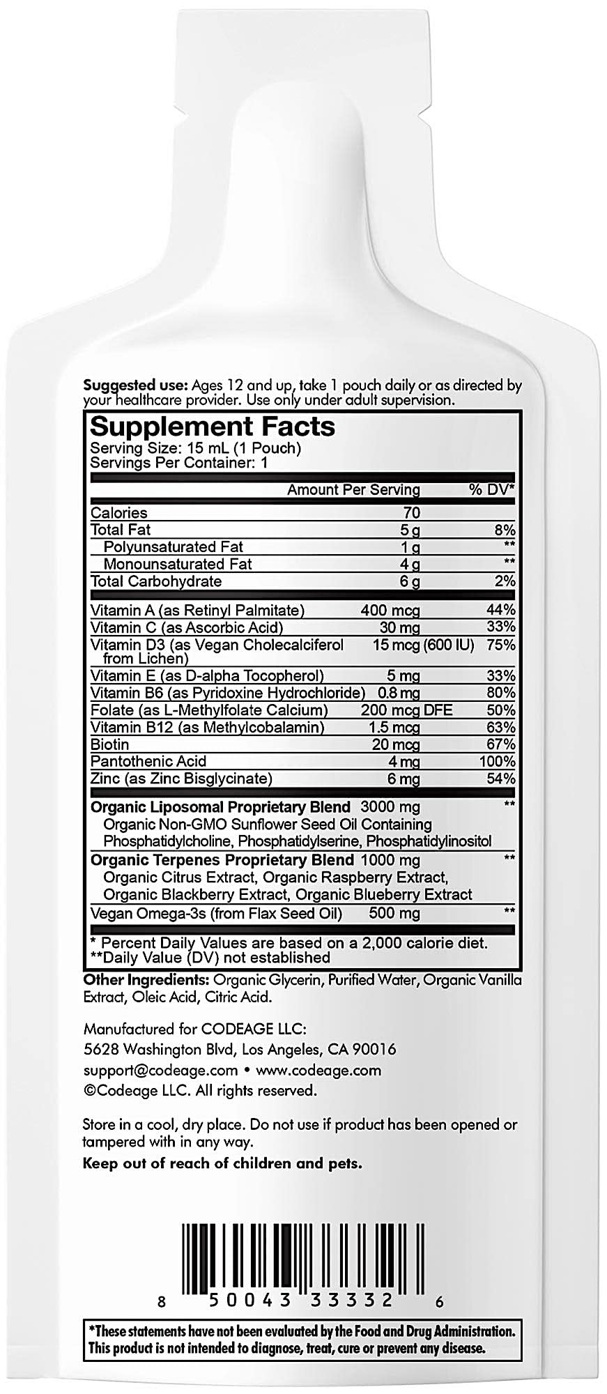 Codeage single-use sachet image highlights mess-free, portable intake.