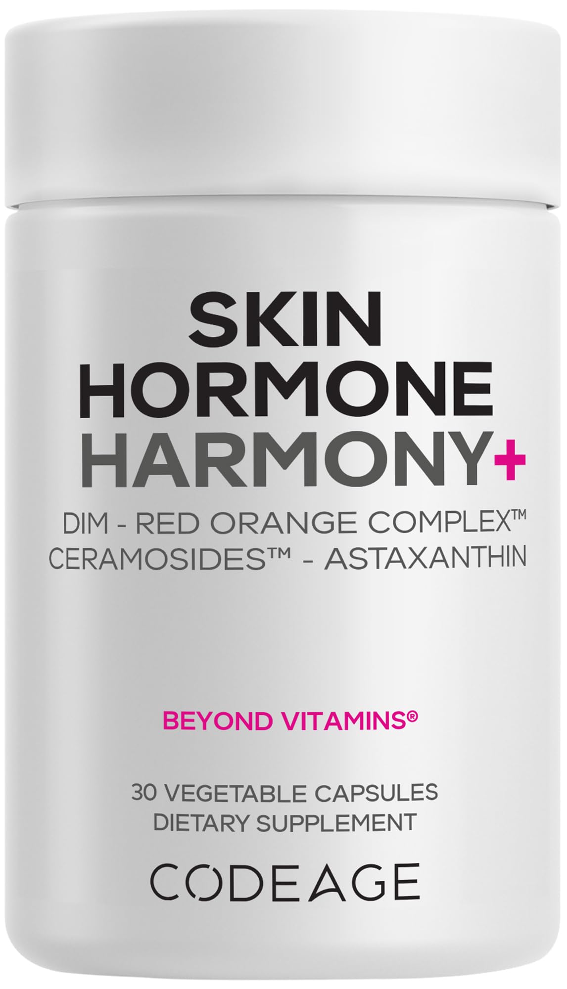 Codeage Skin Hormone Harmony+ bottle shown for daily skin support.