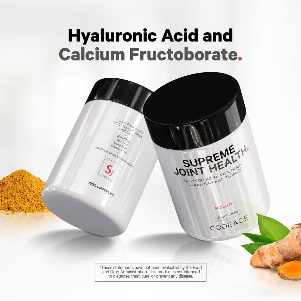 Codeage Supreme Joint Health hyaluronic acid and boron link to joint lubrication.