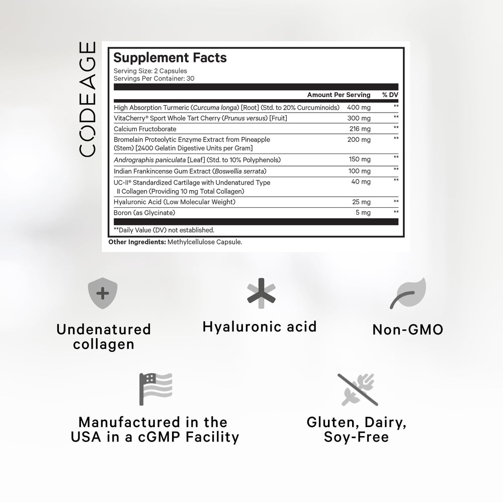 Codeage Supreme Joint Health bottle back shows ingredients and directions.