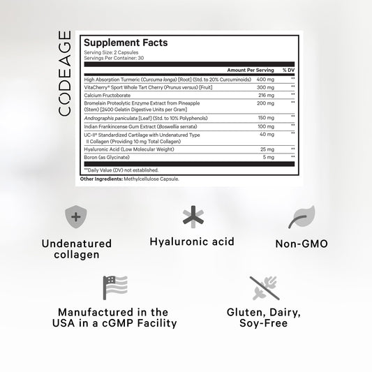 Codeage Supreme Joint Health bottle back shows ingredients and directions.