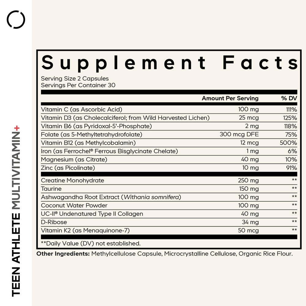 Codeage Teen Athlete Multivitamin+ capsules highlight performance-supporting ingredients.