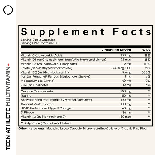 Codeage Teen Athlete Multivitamin+ capsules highlight performance-supporting ingredients.