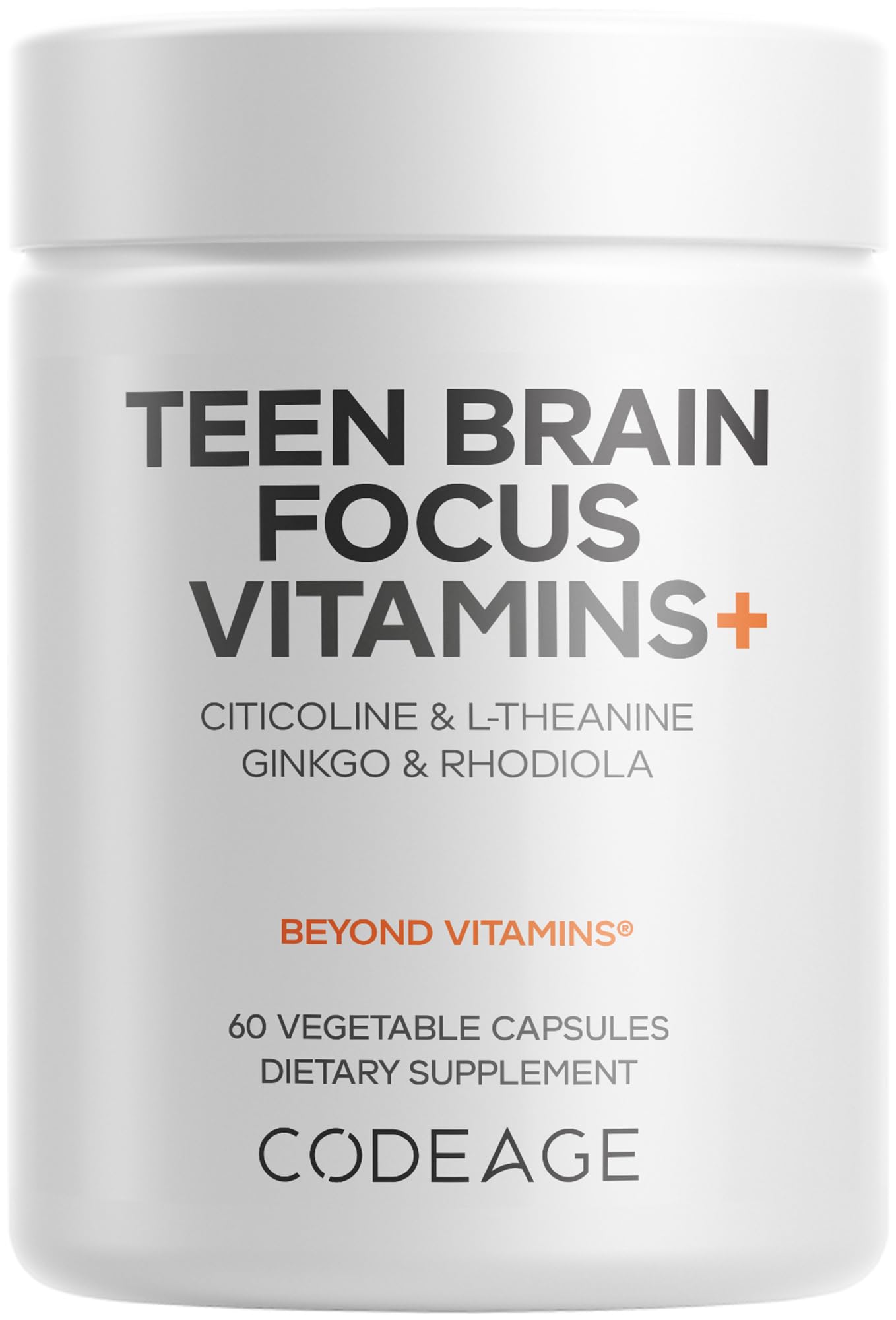 Codeage Teen Brain Focus bottle shows a two-month supply for teen daily use.