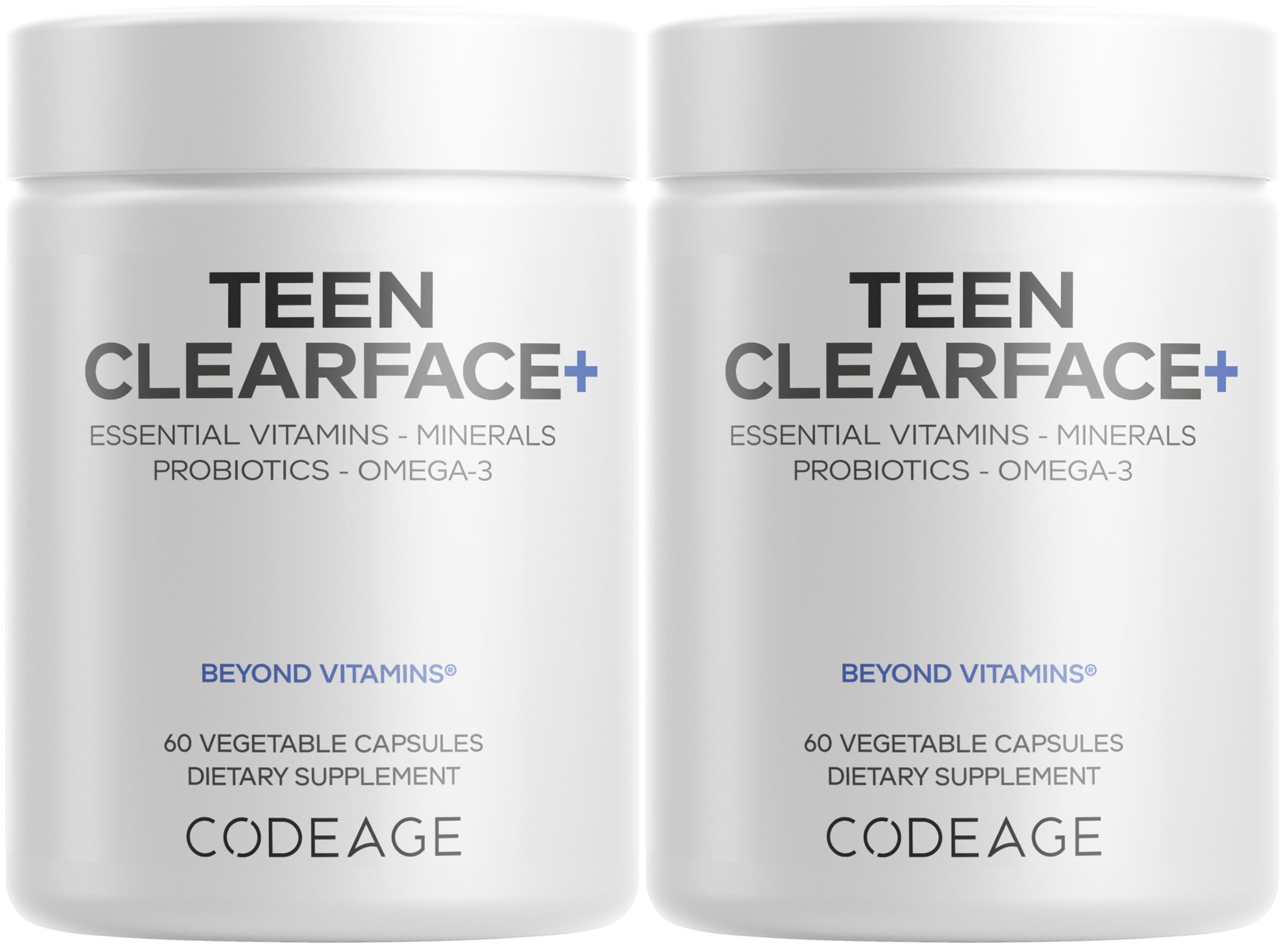 Codeage Teen Clearface bottle front, teen skin support imagery