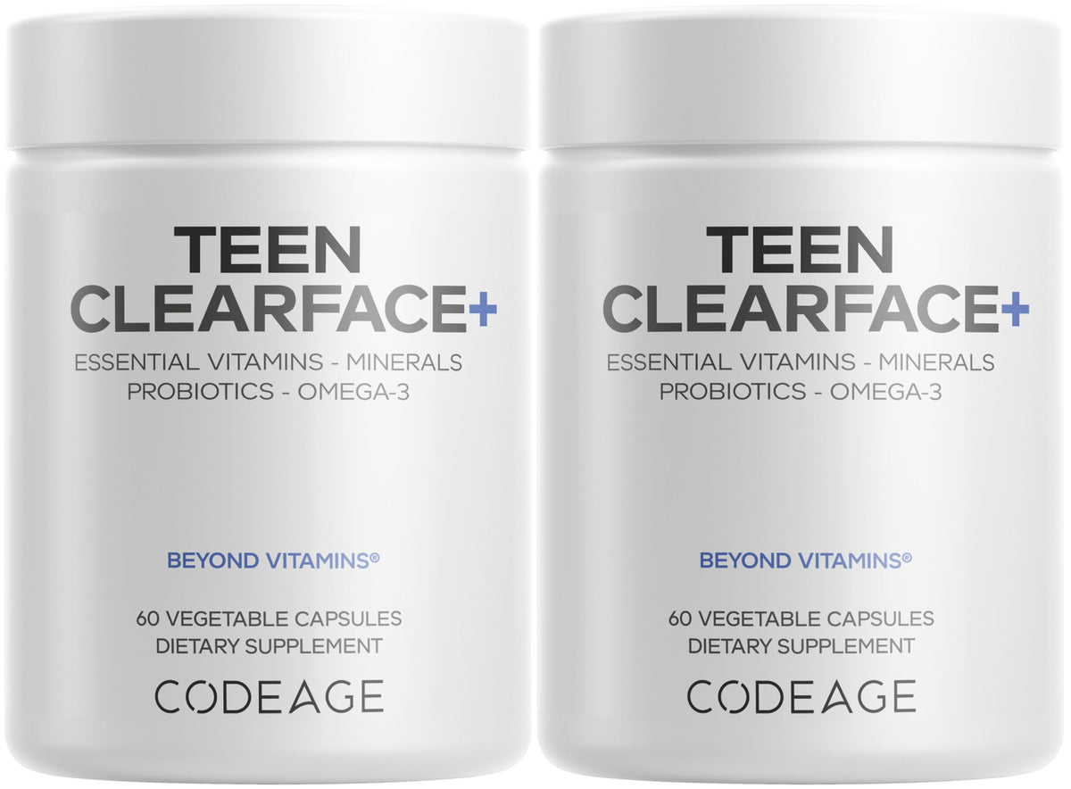Codeage Teen Clearface bottle front, teen skin support imagery