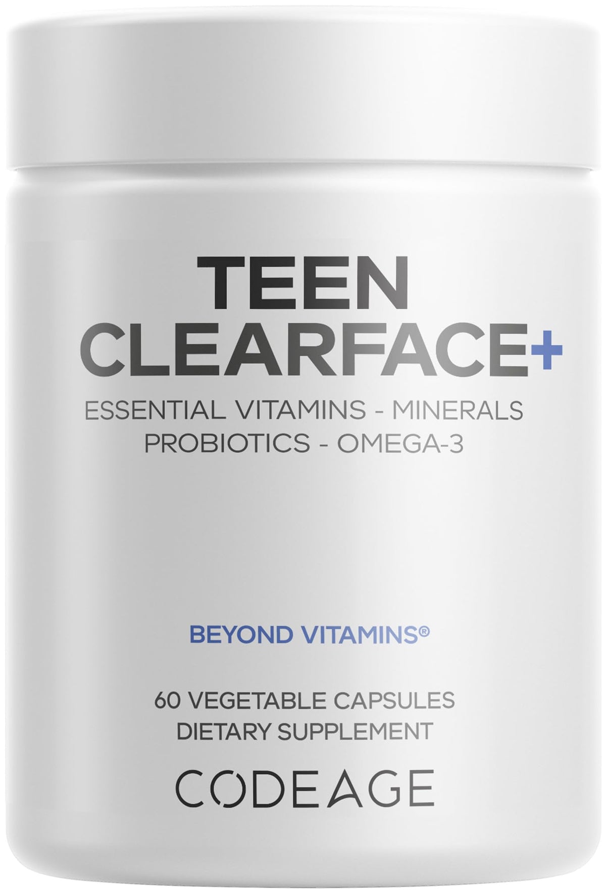 Codeage Teen Clearface bottle front view for teen skin support.