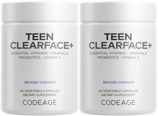 Codeage Teen Clearface bottle front, teen skin support imagery