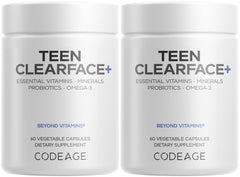 Codeage Teen Clearface bottle front, teen skin support imagery