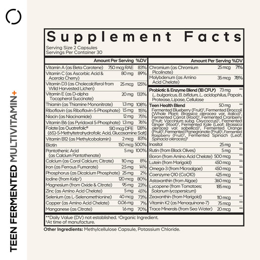Codeage Teen Multivitamin label closeup shows vitamins A to K for teens