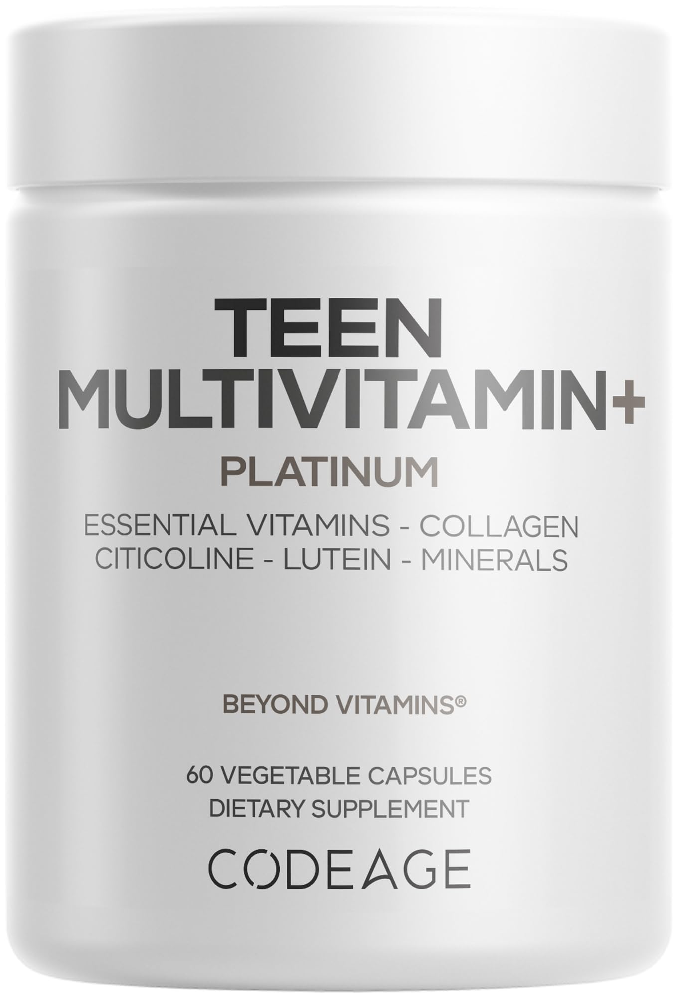 Codeage Teen Multivitamin+ Platinum bottle packshot showing teen nutrition support.