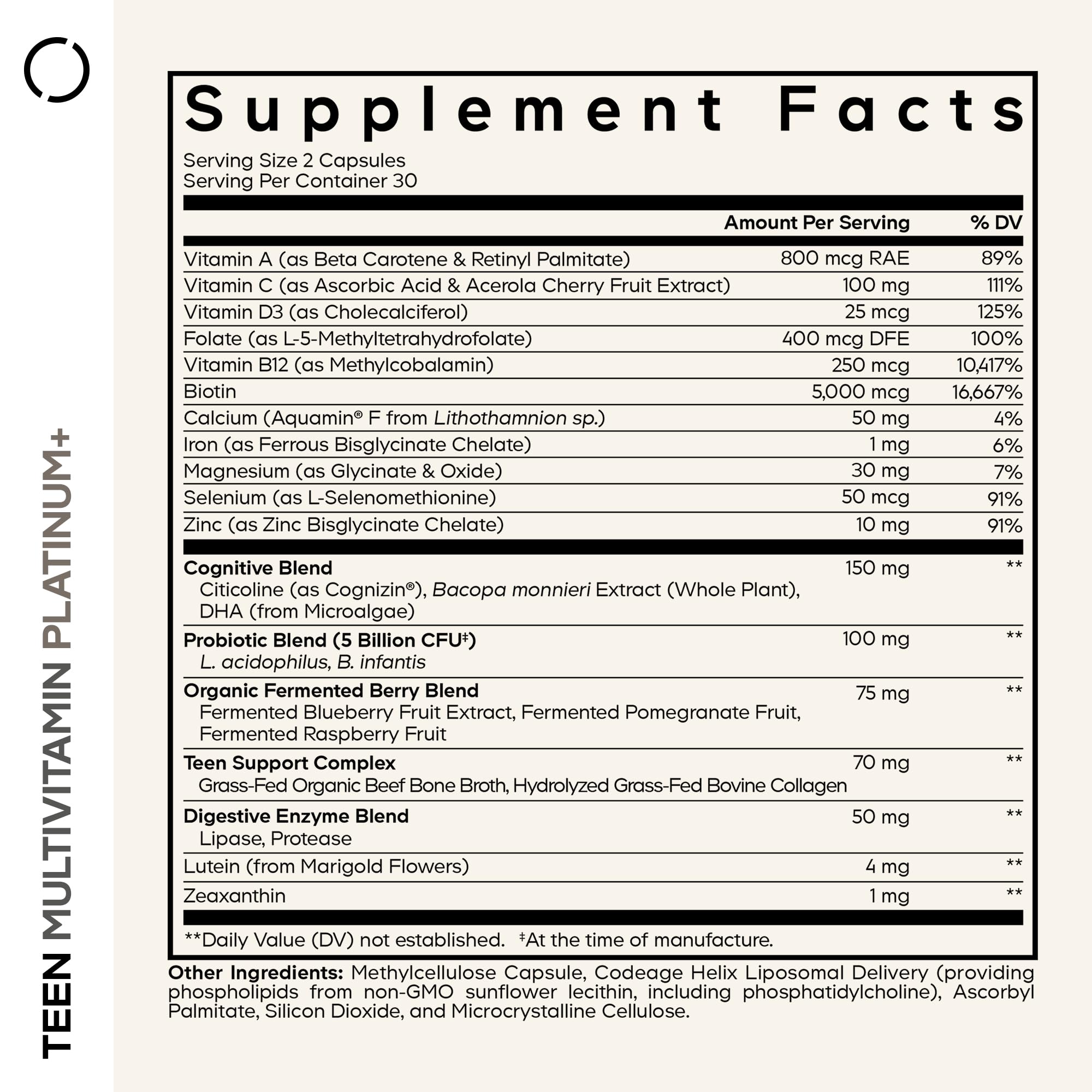 Codeage Teen Multivitamin+ Platinum capsules close-up emphasizing vitamins and minerals for teens.
