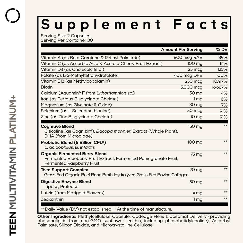 Codeage Teen Multivitamin+ Platinum capsules close-up emphasizing vitamins and minerals for teens.