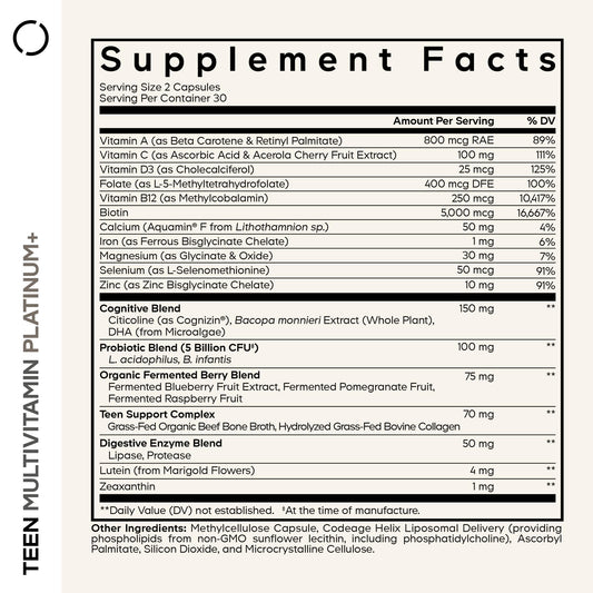 Codeage Teen Multivitamin+ Platinum capsules close-up emphasizing vitamins and minerals for teens.