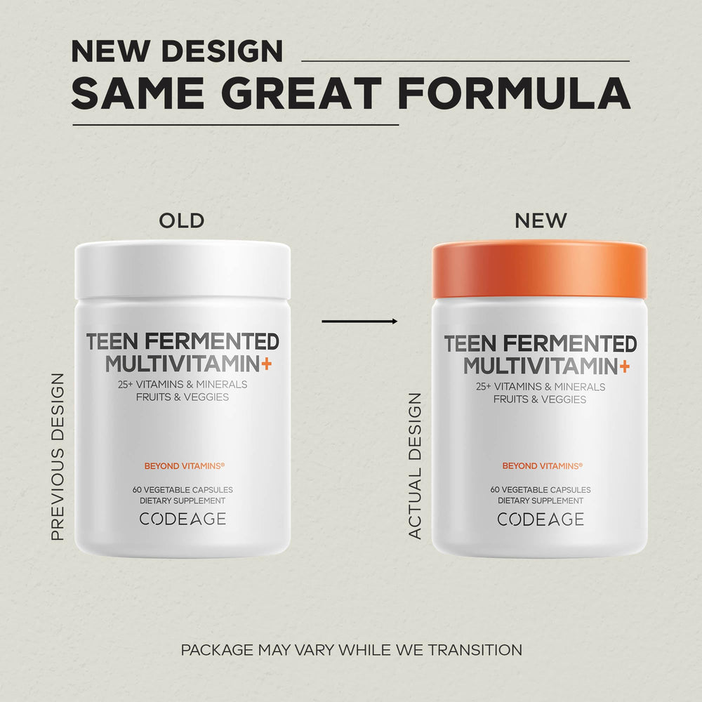 Codeage Teen Multivitamin real food blend visual featuring fruits and vegetables