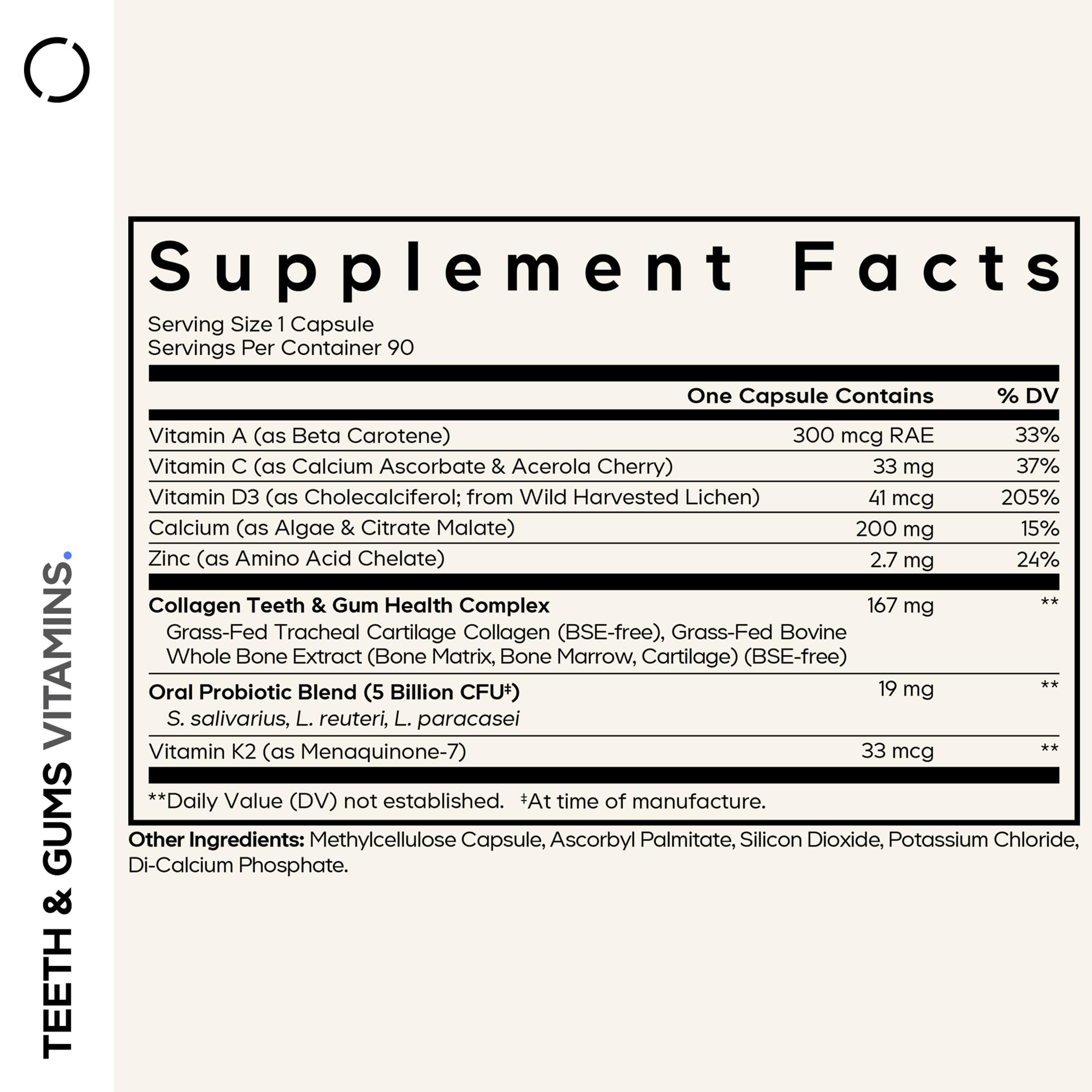 Codeage Teeth & Gums vitamins label closeup highlighting key vitamins.