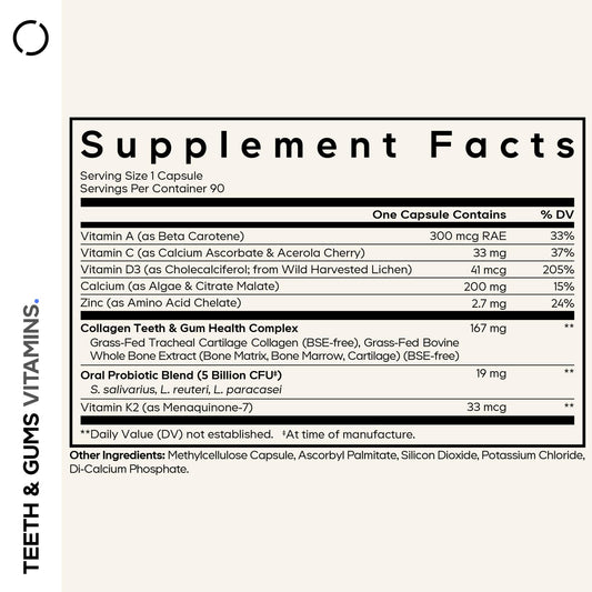 Codeage Teeth & Gums vitamins label closeup highlighting key vitamins.
