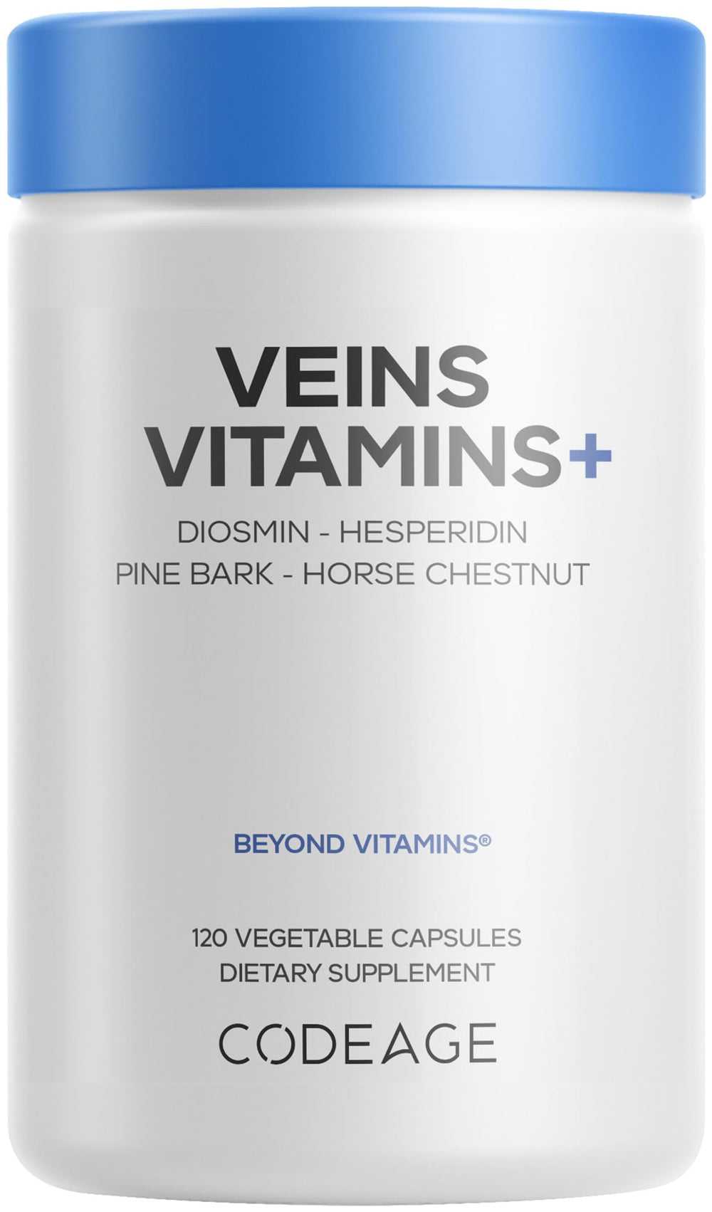 Codeage Veins Vitamins+ bottle close-up emphasizing circulation support.