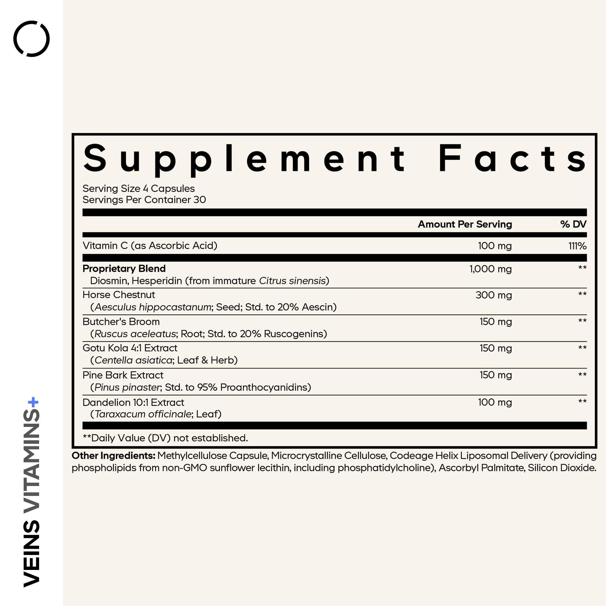 Codeage Veins Vitamins+ bottle displays Diosmin and Hesperidin ingredients.