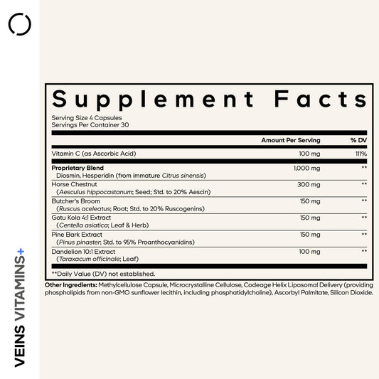 Codeage Veins Vitamins+ bottle displays Diosmin and Hesperidin ingredients.