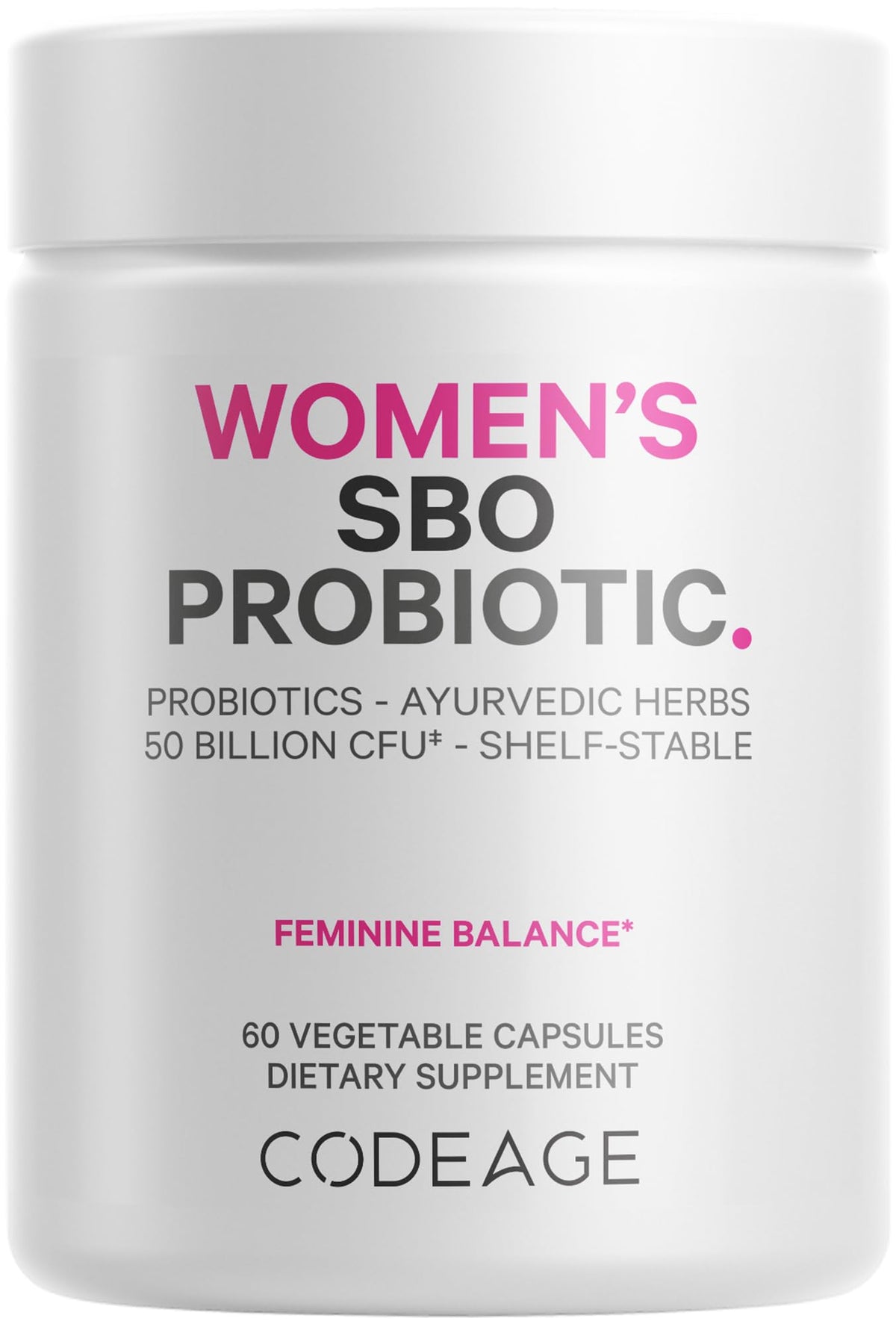 Codeage Women’s SBO Probiotic bottle showing 50B CFUs and 18 strains for daily balance.