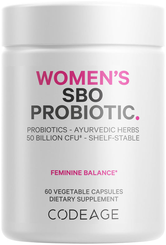 Codeage Women’s SBO Probiotic bottle showing 50B CFUs and 18 strains for daily balance.